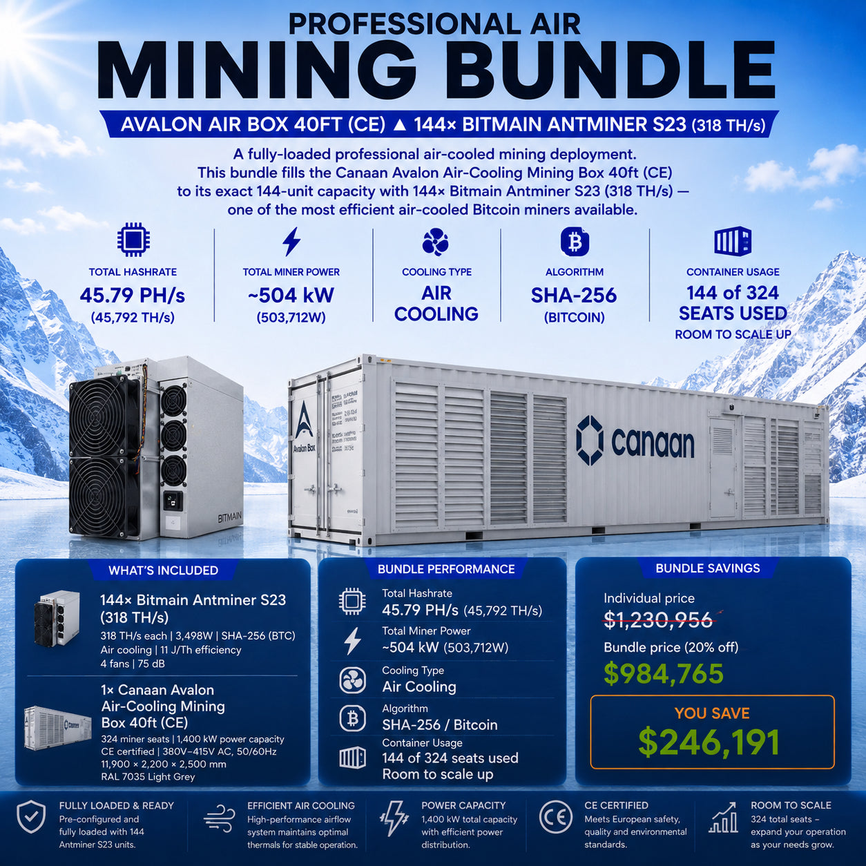 Professional Air Mining Bundle – 144× Antminer S23 + Avalon Air Box 40ft (CE)