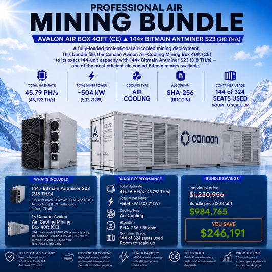 Professional Air Mining Bundle – 144× Antminer S23 + Avalon Air Box 40ft (CE)