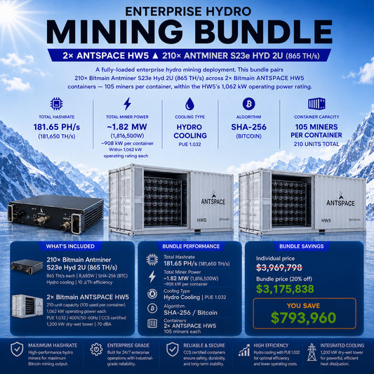 Enterprise Hydro Bundle – 210× Antminer S23e Hyd 2U + 2x ANTSPACE HW5