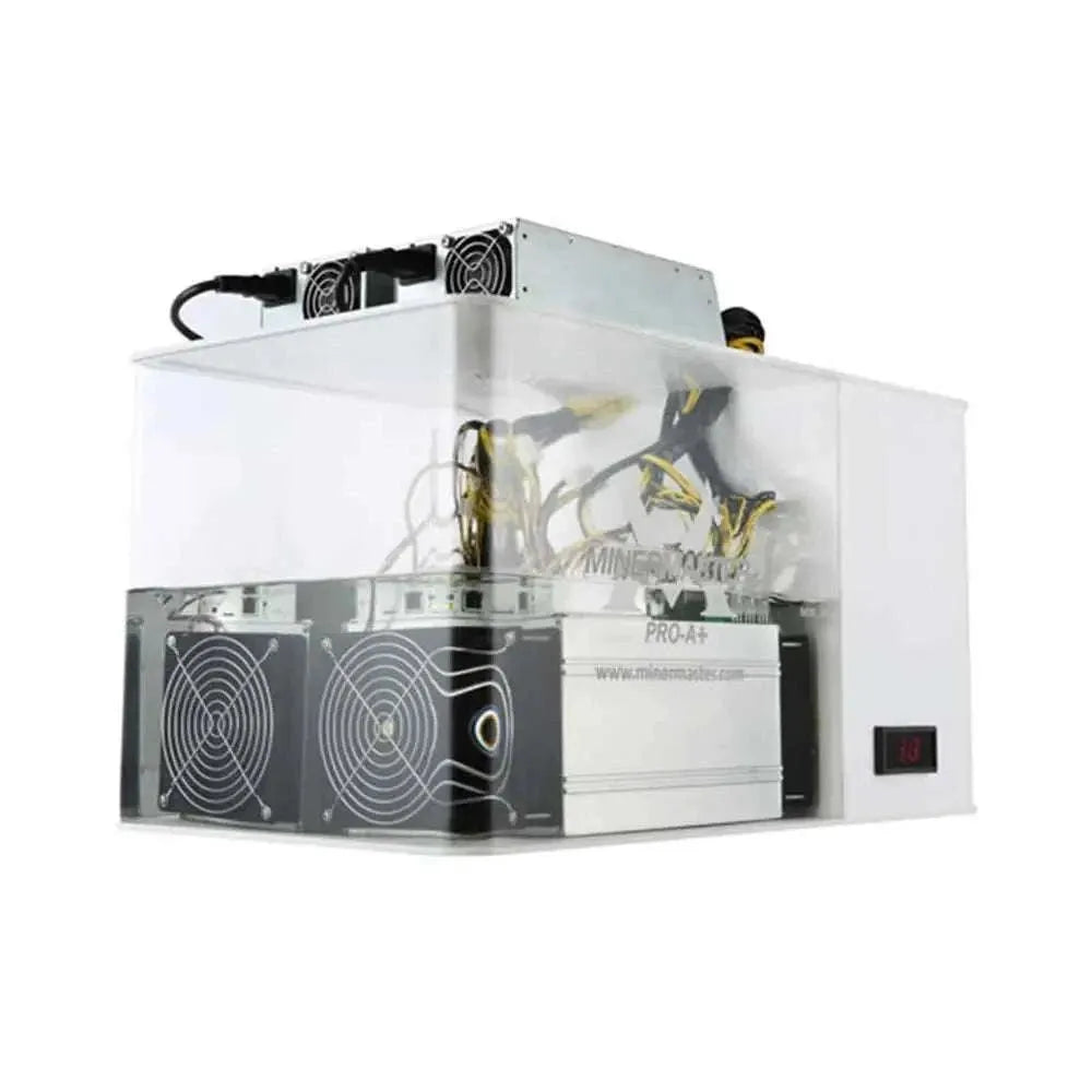 MinerMaster PRO-A+ Immersion Cooler for ASIC miners with three 5L immersion oil bottles and temperature display